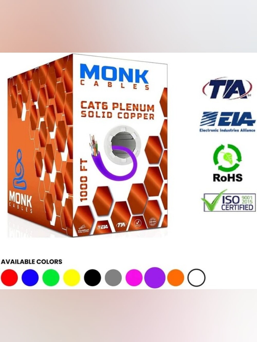 Monk Cables CAT6 Plenum Bulk Ethernet Cable – 1000ft, Solid Copper, 23AWG, 550MH